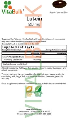 Photo of the VitalBulk Lutein 20 mg label