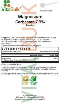 Photo of the VitalBulk Magnesium Carbonate 29% Powder label
