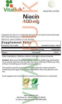 Photo of the VitalBulk Niacin 100 mg label