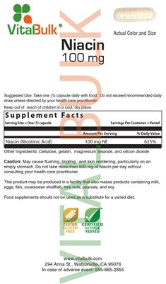 Photo of the VitalBulk Niacin 100 mg label