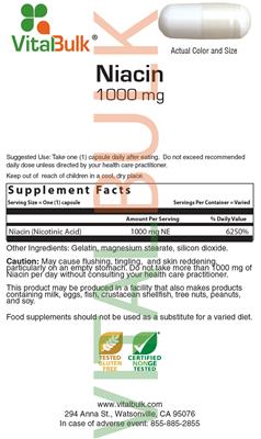 Photo of the VitalBulk Niacin 1000 mg label