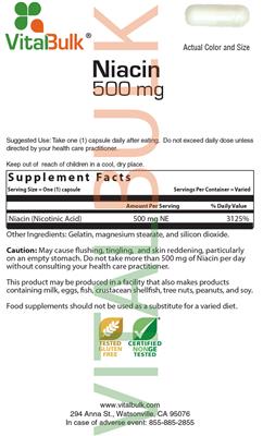 Photo of the VitalBulk Niacin 500 mg label