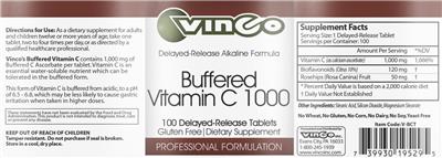 Photo of the Vinco Buffered Vitamin C 1000 label