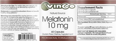 Photo of the Vinco Melatonin 10 mg label