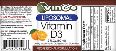 Photo of the Vinco Liposomal Vitamin D3 Orange Flavor label