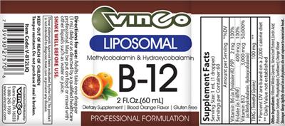 Photo of the Vinco Liposomal B-12 Blood Orange Flavor label