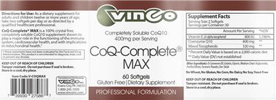 Photo of the Vinco CoQ-Complete Max 400 mg label