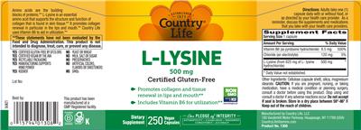 Photo of the Country Life L-Lysine 500 mg label
