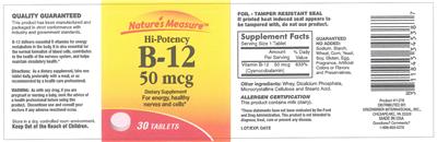 Photo of the Nature's Measure Hi-Potency B-12 50 mcg label