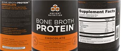Photo of the Ancient Nutrition Bone Broth Protein Chocolate label