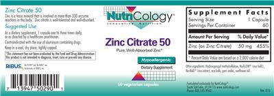 Photo of the NutriCology Zinc Citrate 50 label