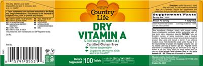 Photo of the Country Life Dry Vitamin A 3,000 mcg label