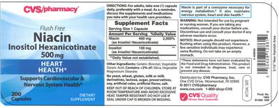 Photo of the CVS Pharmacy Flush Free Niacin Inositol Hexanicotinate 500 mg label
