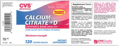 Photo of the CVS Pharmacy Calcium Citrate + D label