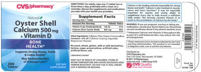 Photo of the CVS Pharmacy Natural Oyster Shell Calcium 500 mg + Vitamin D label