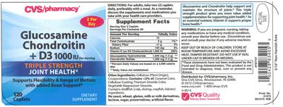Photo of the CVS Pharmacy Glucosamine Chondroitin + D3 1000 IU Triple Strength label