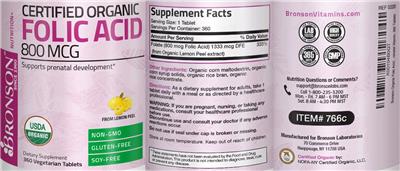 Photo of the Bronson Certified Organic Folic Acid 800 mcg label