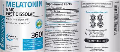 Photo of the Bronson Melatonin 5 mg Fast Dissolve Peppermint Flavor label