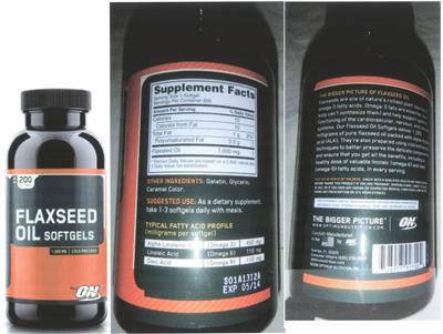 Photo of the ON Optimum Nutrition Flaxseed Oil Softgels label