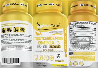 Photo of the HerbTonics Triglyceride Form Omega-3 2500 mg Lemon Flavored label