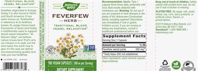 Photo of the Nature's Way Feverfew Herb 380 mg label