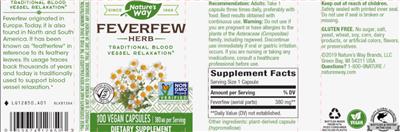 Photo of the Nature's Way Feverfew Herb 380 mg label