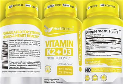 Photo of the HerbTonics Vitamin K2 + D3 label