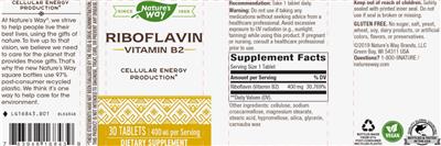 Photo of the Nature's Way Riboflavin Vitamin B2 400 mg label
