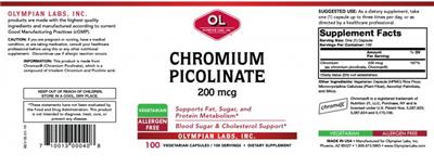 Photo of the OL Olympian Labs Chromium Picolinate 200 mcg label