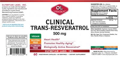 Photo of the OL Olympian Labs Clinical Trans-Resveratrol 500 mg label
