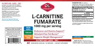 Photo of the OL Olympian Labs L-Carnitine Fumarate 1000 mg label