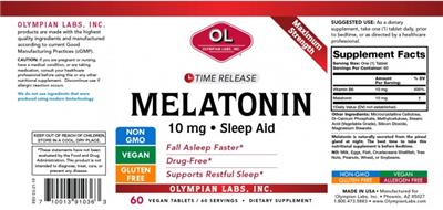 Photo of the OL Olympian Labs Melatonin 10 mg label