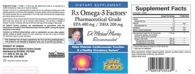 Photo of the Natural Factors Rx Omega-3 Factors Pharmaceutical Grade EPA 400 mg / DHA 200 mg label