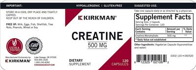 Photo of the Kirkman Creatine 500 mg label
