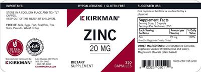 Photo of the Kirkman Zinc 20 mg label