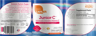 Photo of the Advanced Nutrition by Zahler Junior C 250 mg Natural Orange Flavor label