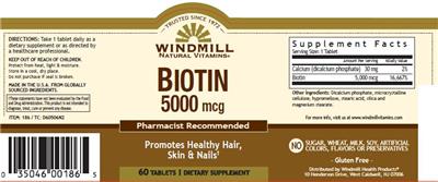 Photo of the Windmill Natural Vitamins Biotin 5000 mcg label