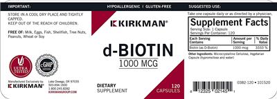 Photo of the Kirkman d-Biotin 1000 mcg label