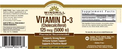 Photo of the Windmill Natural Vitamins Vitamin D-3 (Cholecalciferol) 125 mcg (5000 IU) label