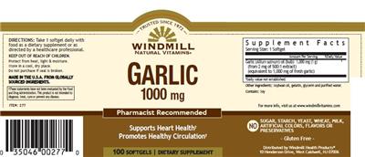 Photo of the Windmill Natural Vitamins Garlic 1000 mg label