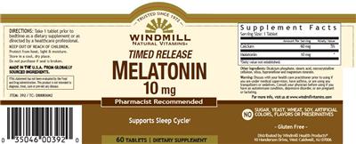 Photo of the Windmill Natural Vitamins Timed Release Melatonin 10 mg label