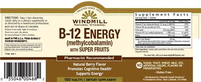 Photo of the Windmill Natural Vitamins B-12 Energy (Methylcobalamin) with Super Fruits Natural Berry Flavor label
