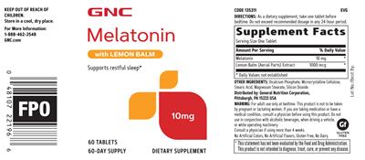 Photo of the GNC Melatonin 10 mg with Lemon Balm label