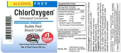 Photo of the Herbs Etc. ChlorOxygen Chlorophyll Concentrate Alcohol Free label