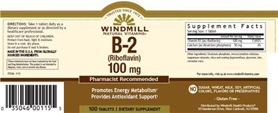 Photo of the Windmill Natural Vitamins B-2 (Riboflavin) 100 mg label