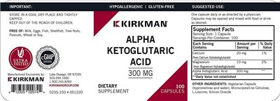 Photo of the Kirkman Alpha Ketoglutaric Acid 300 mg label