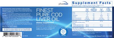 Photo of the Pharmax Finest Pure Cod Liver Oil label