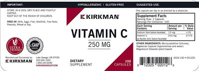 Photo of the Kirkman Vitamin C 250 mg label