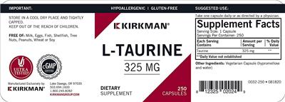 Photo of the Kirkman L-Taurine 325 mg label