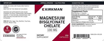 Photo of the Kirkman Magnesium Bisglycinate Chelate 100 mg label